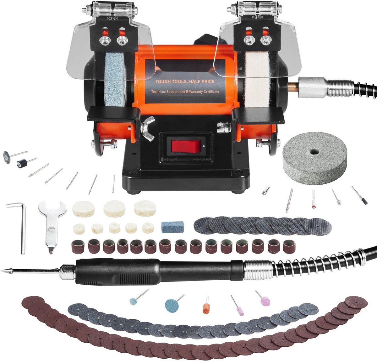 Dubbele slijpmachine - Bankslijpmachine - 150 mm Schijven - 3590 tpm Motor - 50 W Vermogen - Voor Op Tafel - Incl. 3 Polijstschijven en Gereedschapset met Boorbits
