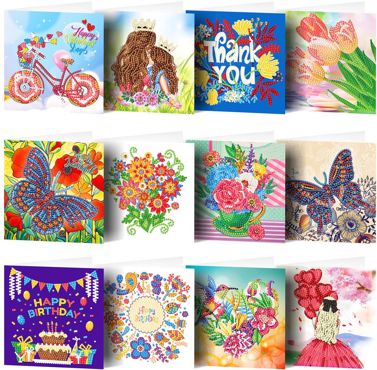 YYchan Diamond Painting Kaarten Set van 12 - DIY Wenskaarten Inclusief Enveloppen - 15x15 cm - Verjaardag & Feestdagen - Fietsen