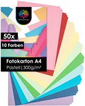 50 vel A4 fotokarton in 10 pastelkleuren, 300g/m², met verenafbeelding.
