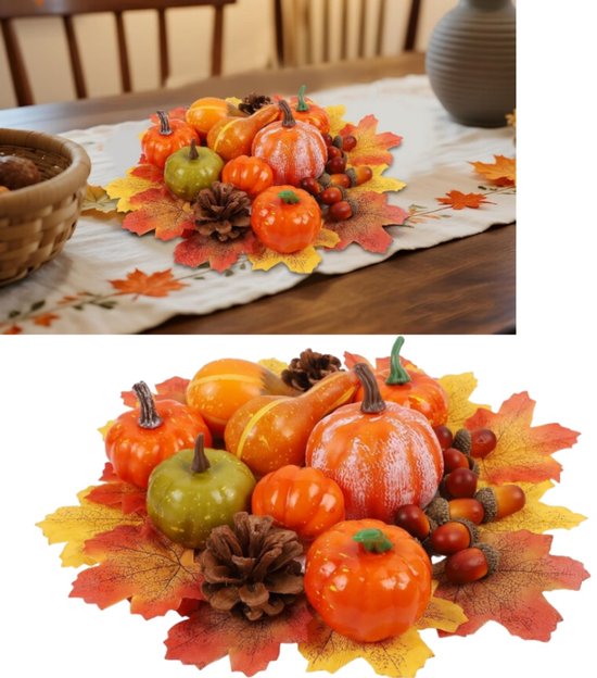 Collage met herfstdecoraties: een tafel met pompoenen, kalebassen, dennenappels en bladeren, en een close-up van dezelfde items.