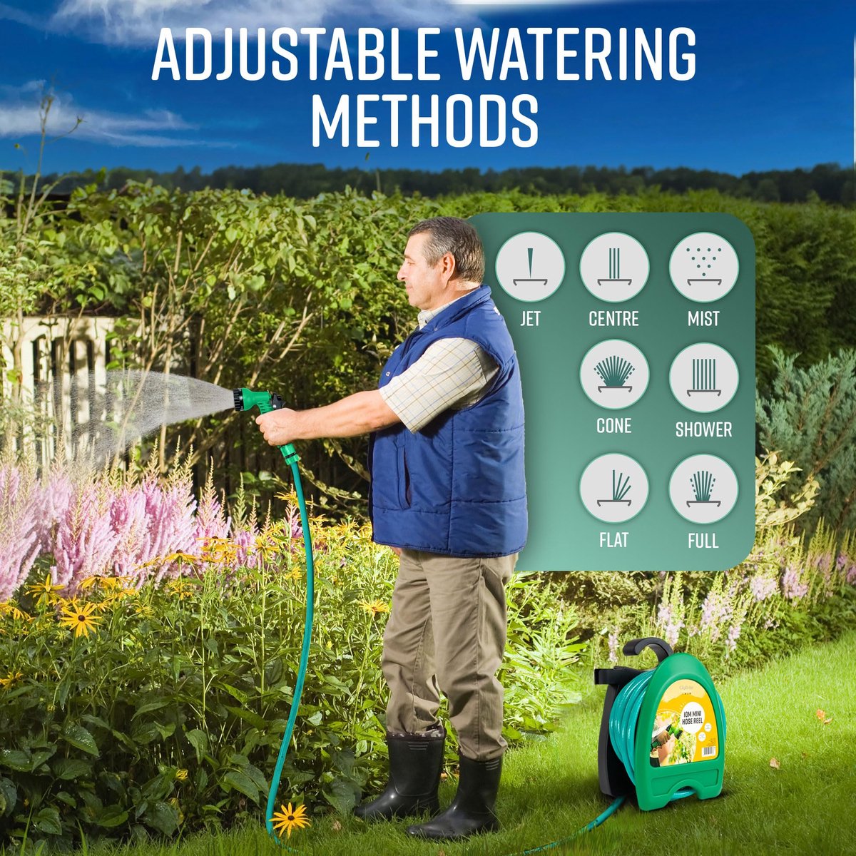 SnelShoppen - GloBrite Mini-slanghaspel met 10 m Slang, 7-in-1 Verstelbare Sproeikop, Wandmontage voor Tuin, Balkon, Draagbaar en Handig voor Irrigati