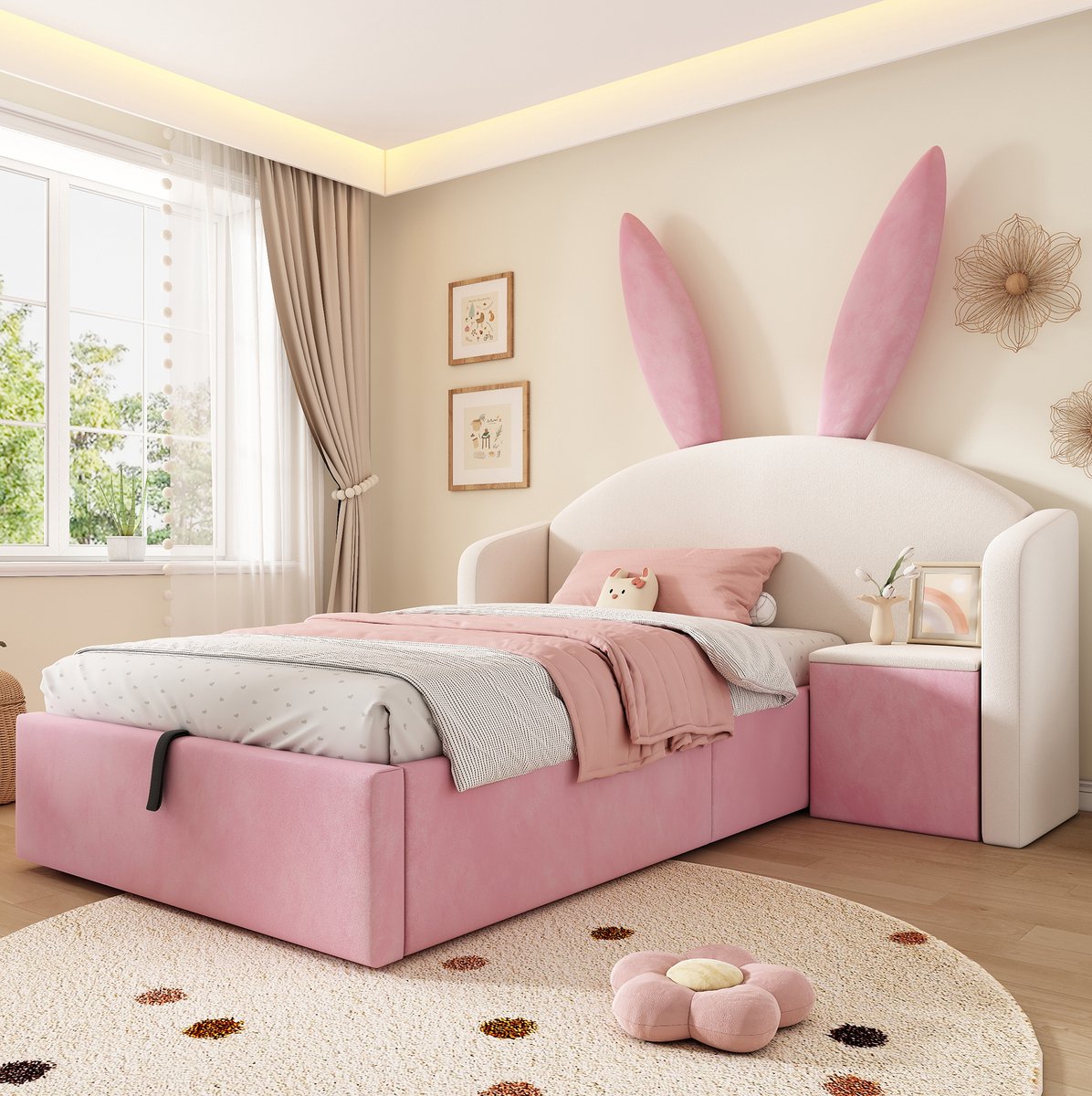 DESMIU Kinderbed 90x190 cm – Gestoffeerd Bed met Konijnenoren Hoofdbord – Opbergruimte en Nachtkastje – Voor Kinderkamer – Beige en Roze – Zonder Matras