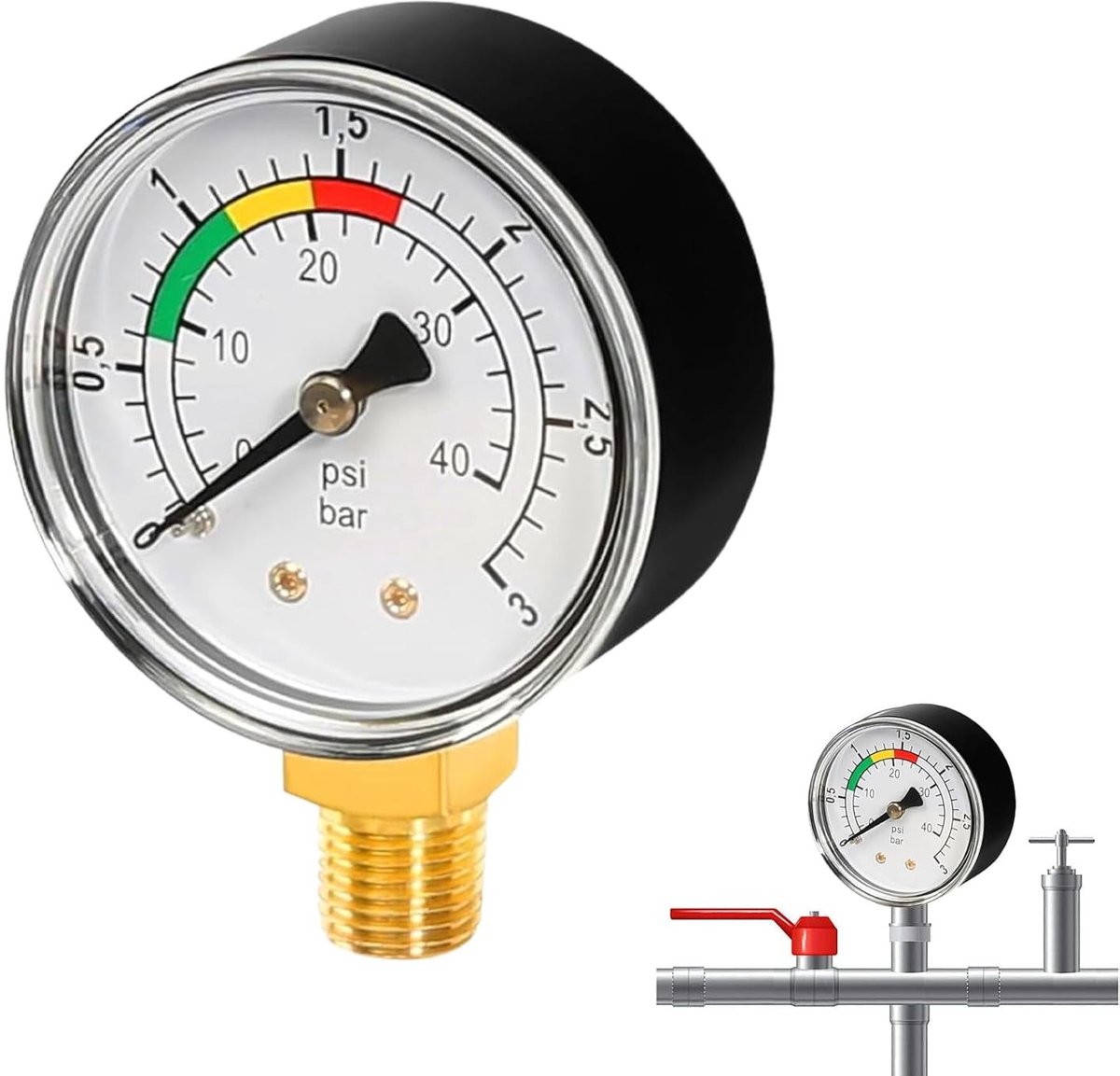 Waterdrukmeter 1/4 inch voor zandfiltersysteem - Drukmeter voor zwembad, 0-3 bar/psi, nauwkeurige metingen