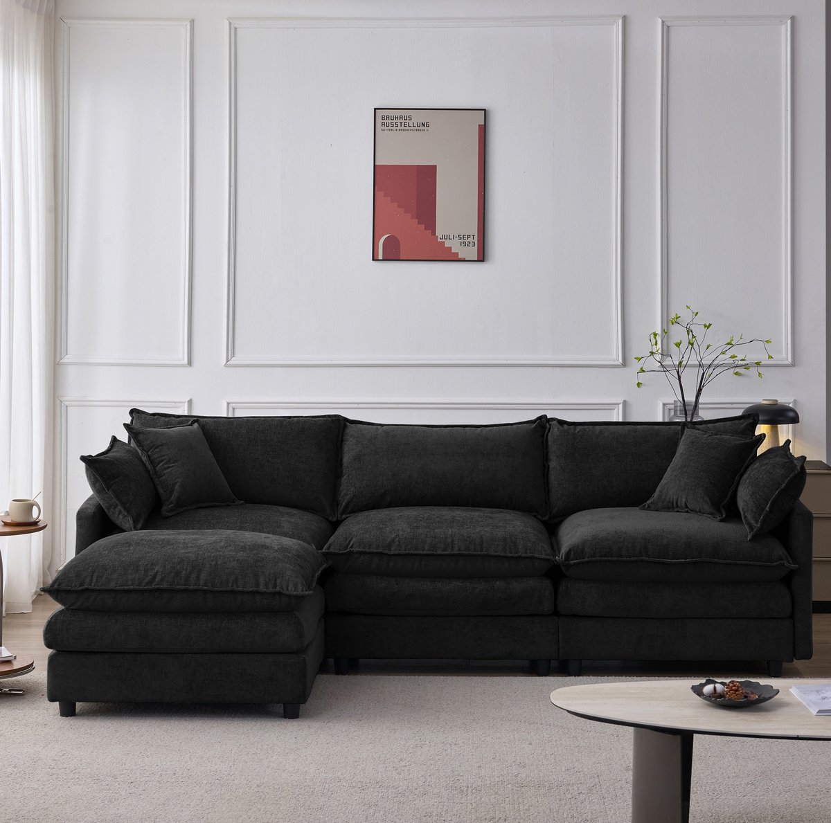 OKWISH Hoekbank 3-Zits Met Hocker - Modulair L-Vormig Design Voor Woonkamer En Lounge - Chenille - Zwart