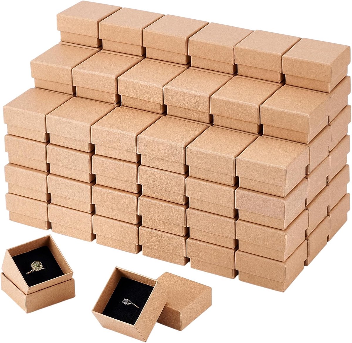SnelShoppen - 100 stuks ringdozen kraftpapier 5x5x3 cm vierkante geschenkdozen met schuim bruin voor sieraden, bruiloften en feestjes