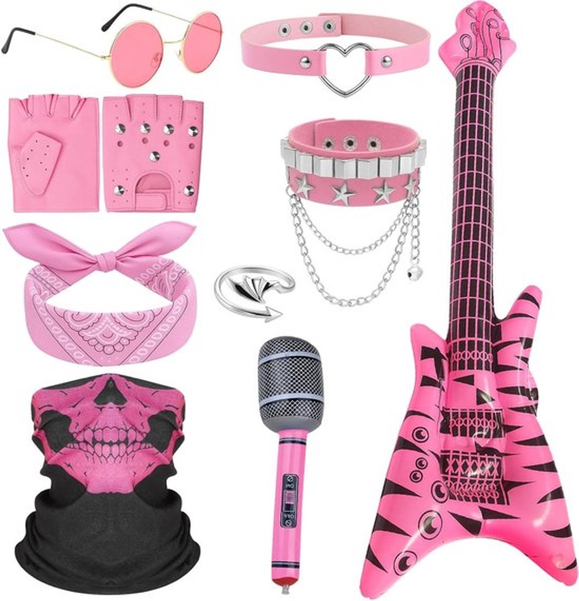 Punk Rockstar Kostuum Set voor Feestjes met Inflatable Gitaar, Handschoenen, Zonnebril en Bandana - Perfect voor Halloween en Themadagen