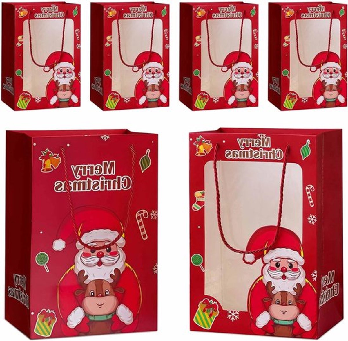 Herbruikbare kerst cadeauzakken met venster, set van 6, ideaal voor snoep, kerstfeesten en cadeaus, rood, 20 x 15 x 30 cm