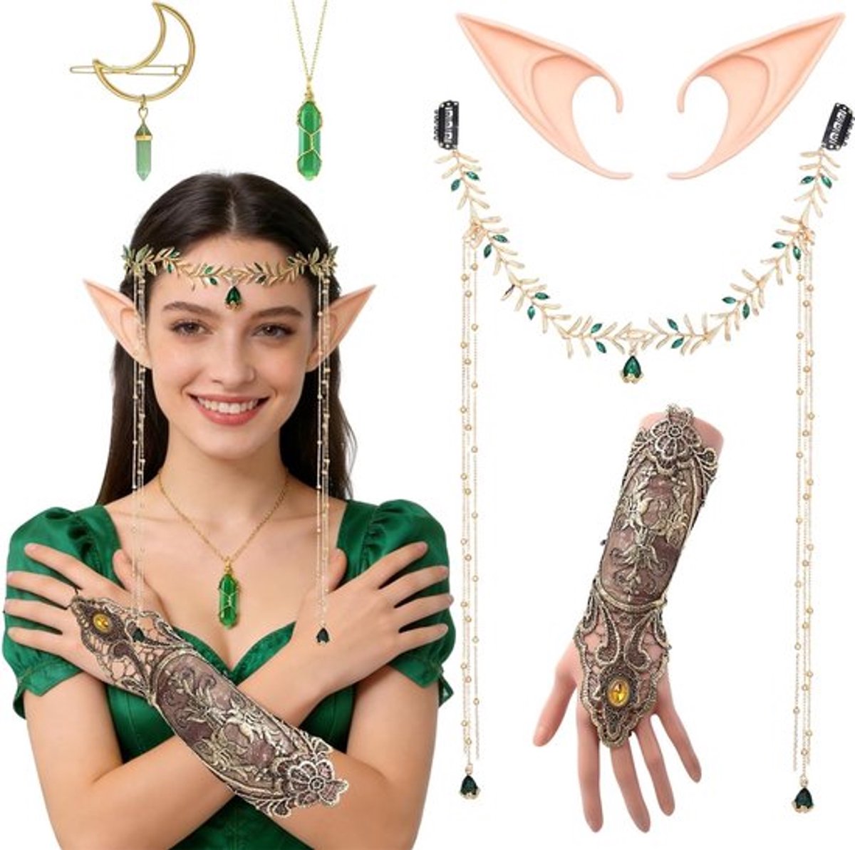 Elf Kostuum voor Dames met Accessoires Set - Elf Oren, Haarspeld, Kroon, Kristallen Ketting en Arm Bescherming voor Feest en Cosplay