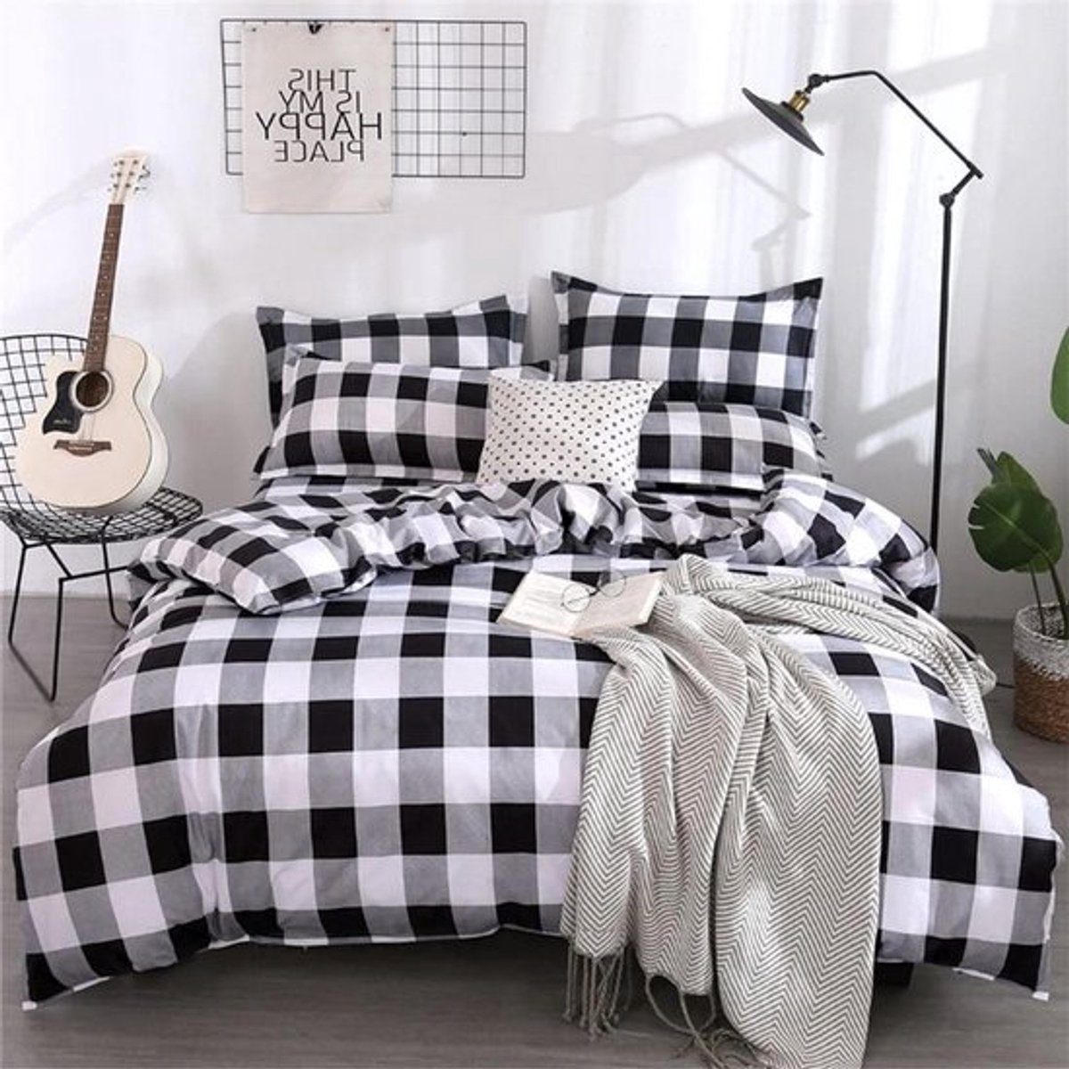 Stijlvol Dekbedovertrek Set met Ruitpatroon, Microfiber en Zachte Kussensloop (Double-200x200cm, Zwart Grijs Wit) - Ideaal voor Comfort en Slaapkwaliteit