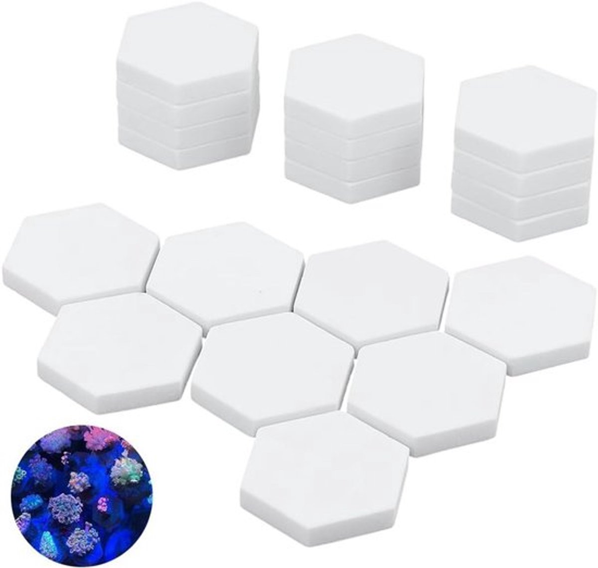 28 Stuks Keramische Koraalfragmenten Stekkerbasis voor Aquariums, Zeshoekige Koraalfragmentstandaard, Wit, 3,5 x 3,05 cm - Ideaal voor Aquascaping en Decoratie