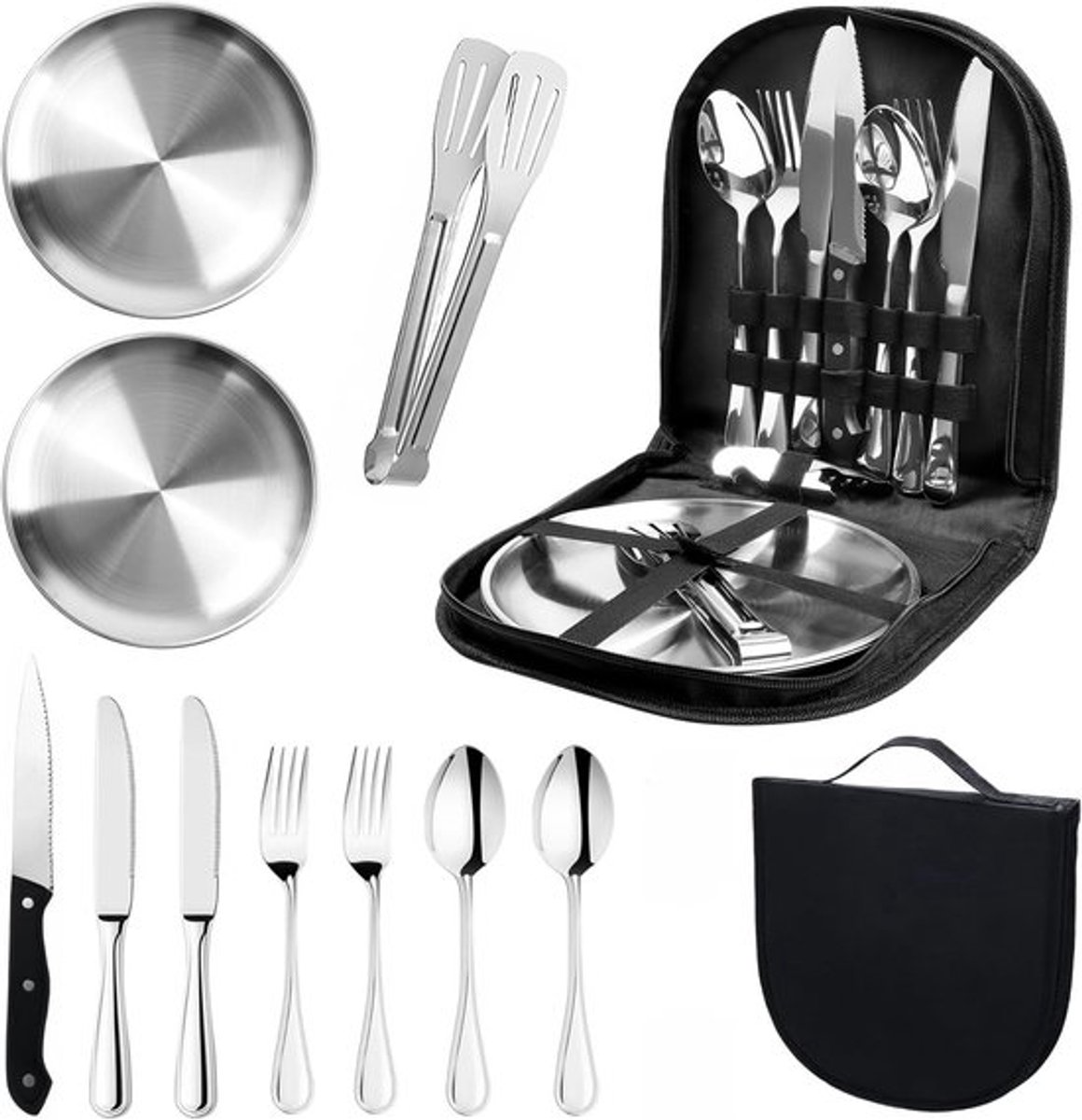 Complete Camping Servies Set voor 2 Personen, RVS, 11-Delige Buitenkeuken Set met Bestek, Borden en Klem voor Kamperen, Picknicken en Grillen