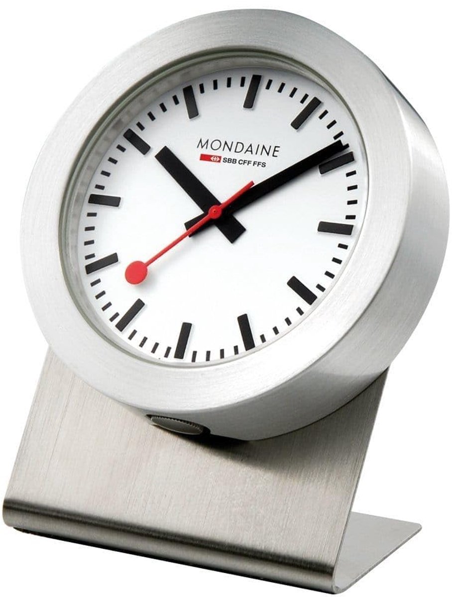 SnelShoppen - Magnetische Tafelklok 50mm - Officiële Zwitserse Spoorwegen Klok - Aluminium Behuizing - Rode Tweedehands - Zilver - 4 x 5 x 5 cm - Perf