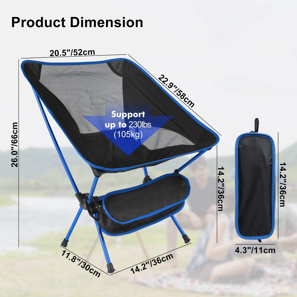 Opvouwbare campingstoel - Lichtgewicht stoel Rugzakstoel - Buitenactiviteiten Kamperen - Robuuste capaciteit 135 kg - 900 g - Diepblauw