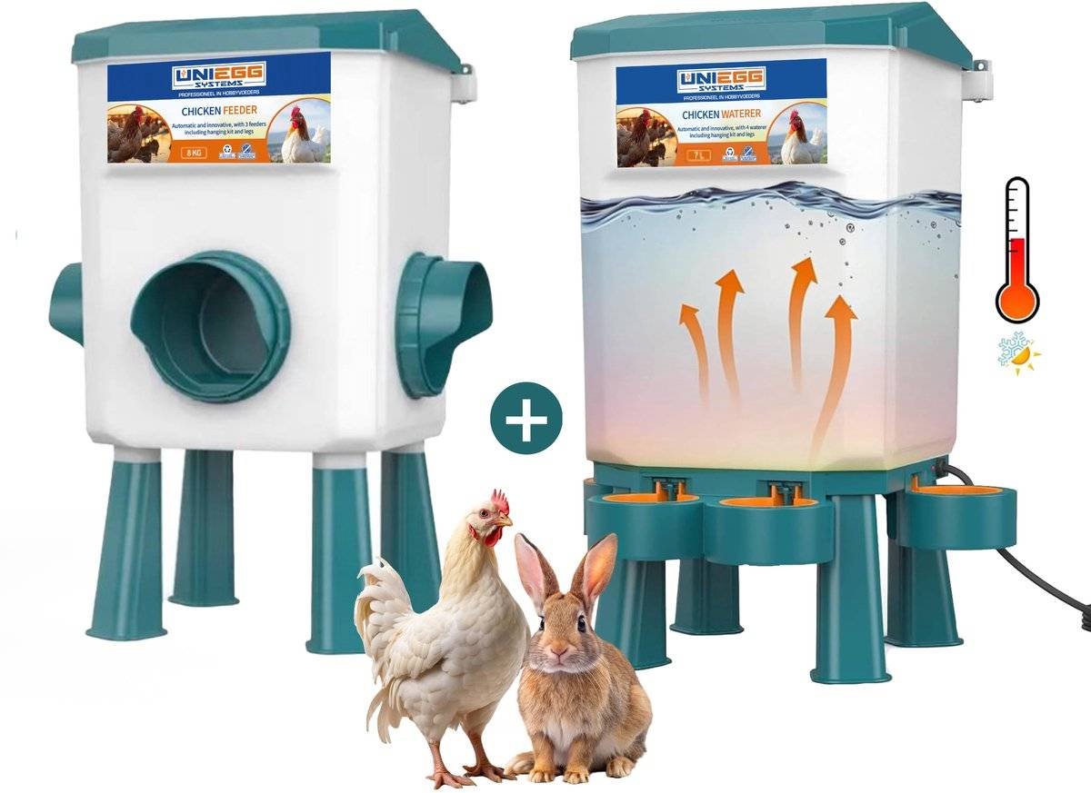 UniEgg® Feeder 8kg + Anti-vorst Drinker 7 Liter (Groen) - automatisch en innovatief inclusief ophangset en poten - drinkbak kip en ander pluimvee of gevogelte