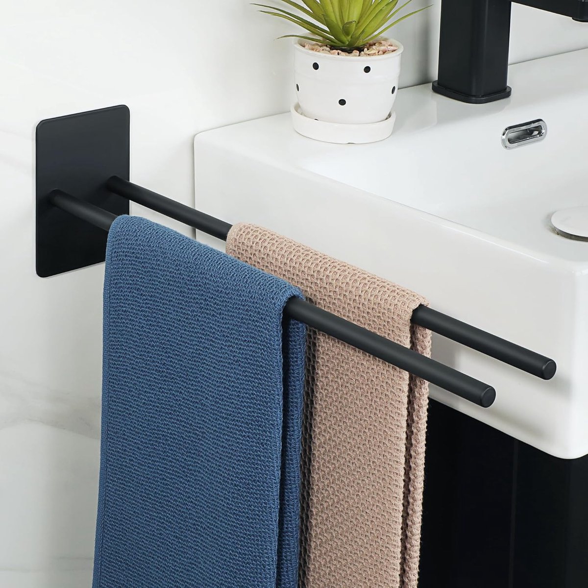 SnelShoppen - Handdoekhouder zonder boren - Zelfklevende handdoekstang - Mat zwart - Twee-armige wandmontage 40 cm - Voor badkamer en keuken