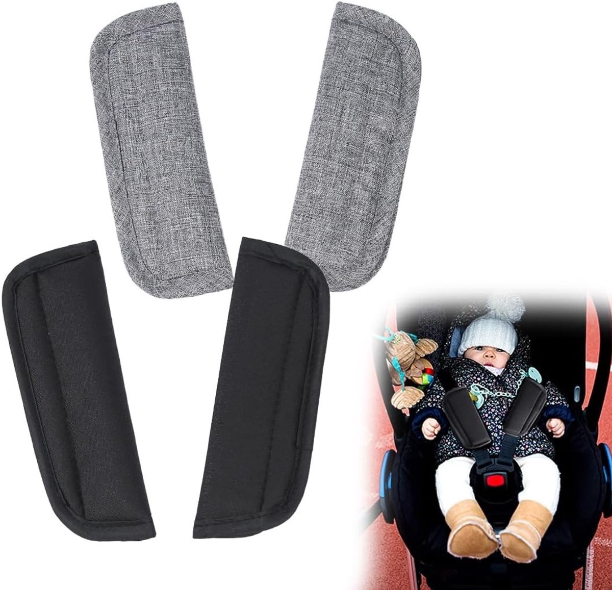 Set van 2 Schouderpads voor Autogordels voor Baby's - Universele Zachte Kussens voor Autostoelen, Kinderwagens en Buggy's in Zwart en Grijs