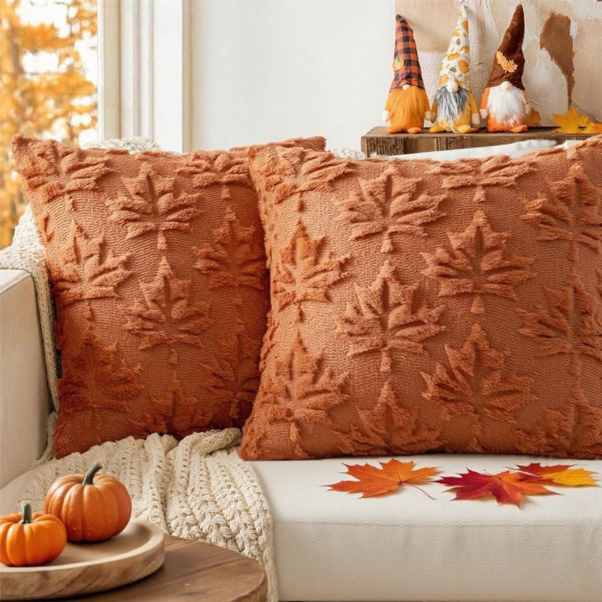 Cushion Covers 40 x 40 cm Autumn 2 Pieces Decorative Sofa Cushion Pumpkin Cushion with Maple Leaves for Sofa Living - ShopVlot