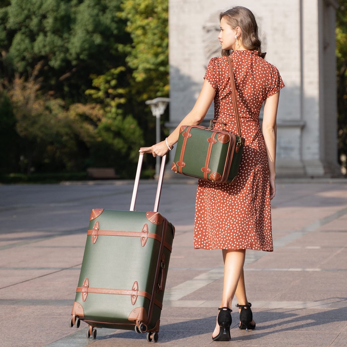 SnelShoppen - Urecity Vintage Reiskofferset 4-delig, Lichtgewicht Retro Lederen Koffer met Harde Schaal, Trolley en Handbagage, TSA-slot, 8 Wielen, Gr
