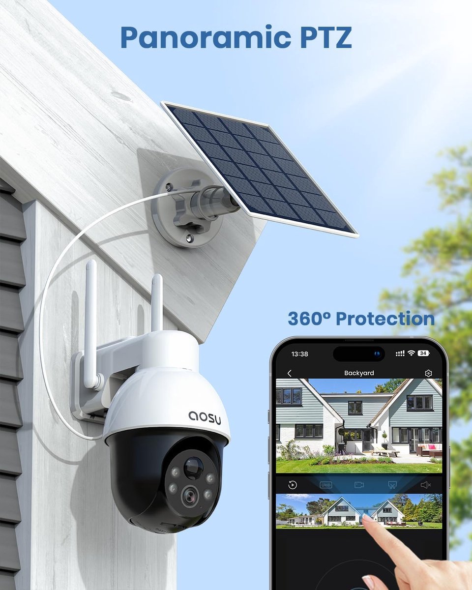 SnelShoppen - 3K Bewakingscamera voor buiten, zonne-energie, 5 MP, 360° panoramische PTZ, draadloze beveiligingscamera met automatische tracking, lich