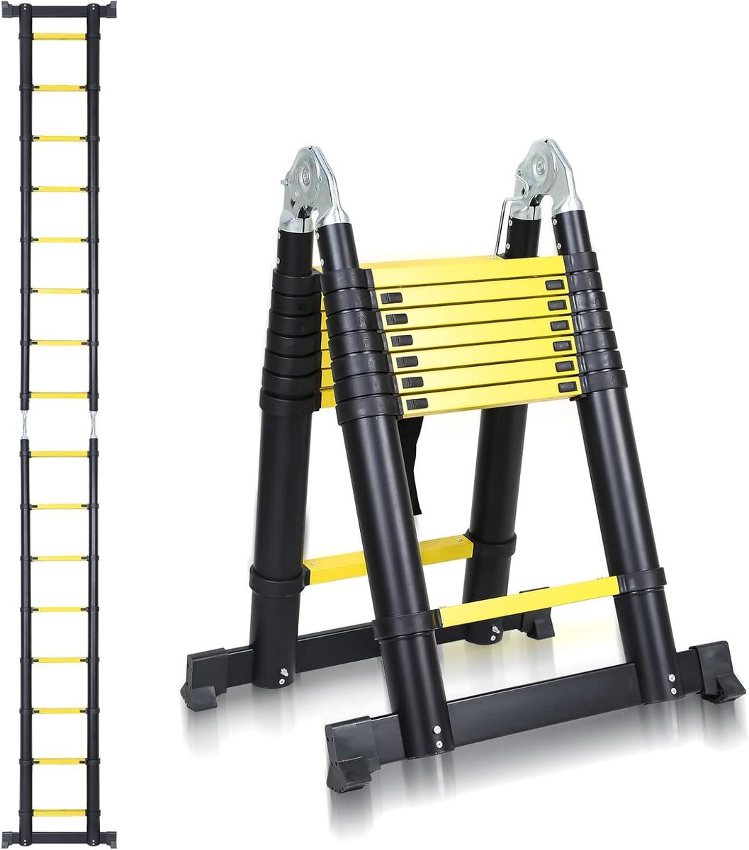 Telescoopladder - Uittrekbare ladder - Kluswerkzaamheden Buiten - Veiligheidsvergrendeling - 5 Meter Max - Geel