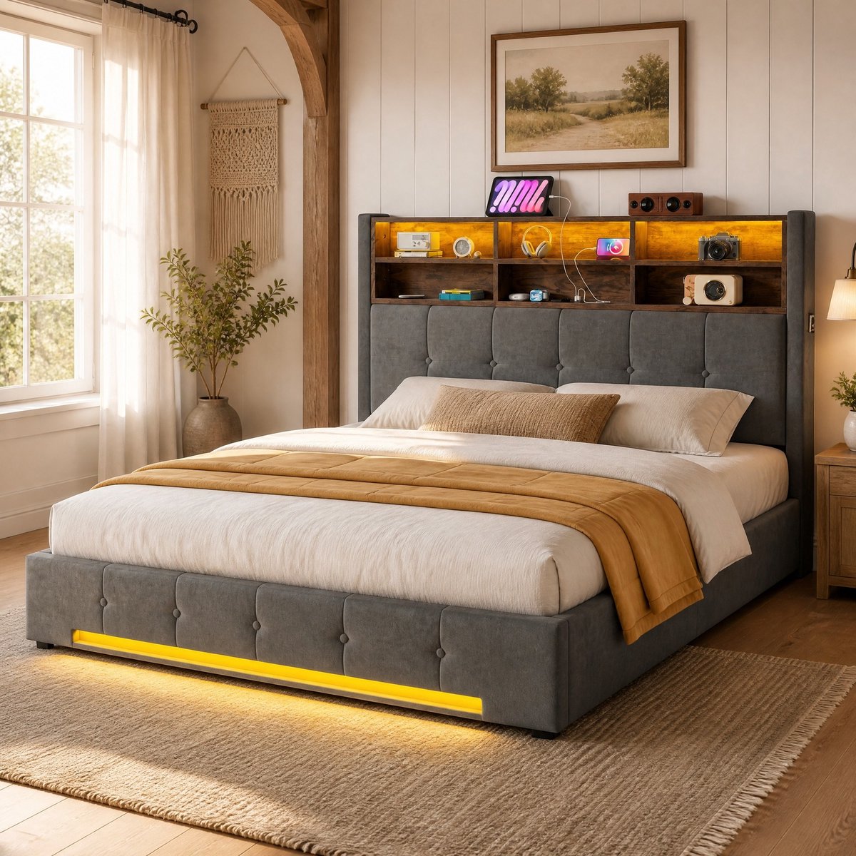 DESMIU Bed 160x200 cm – Hoofdbord Met 6 Vakken, USB-C en LED – Hydraulische Opbergruimte – Tweepersoons Fluweel – Donkergrijs – Zonder Matras