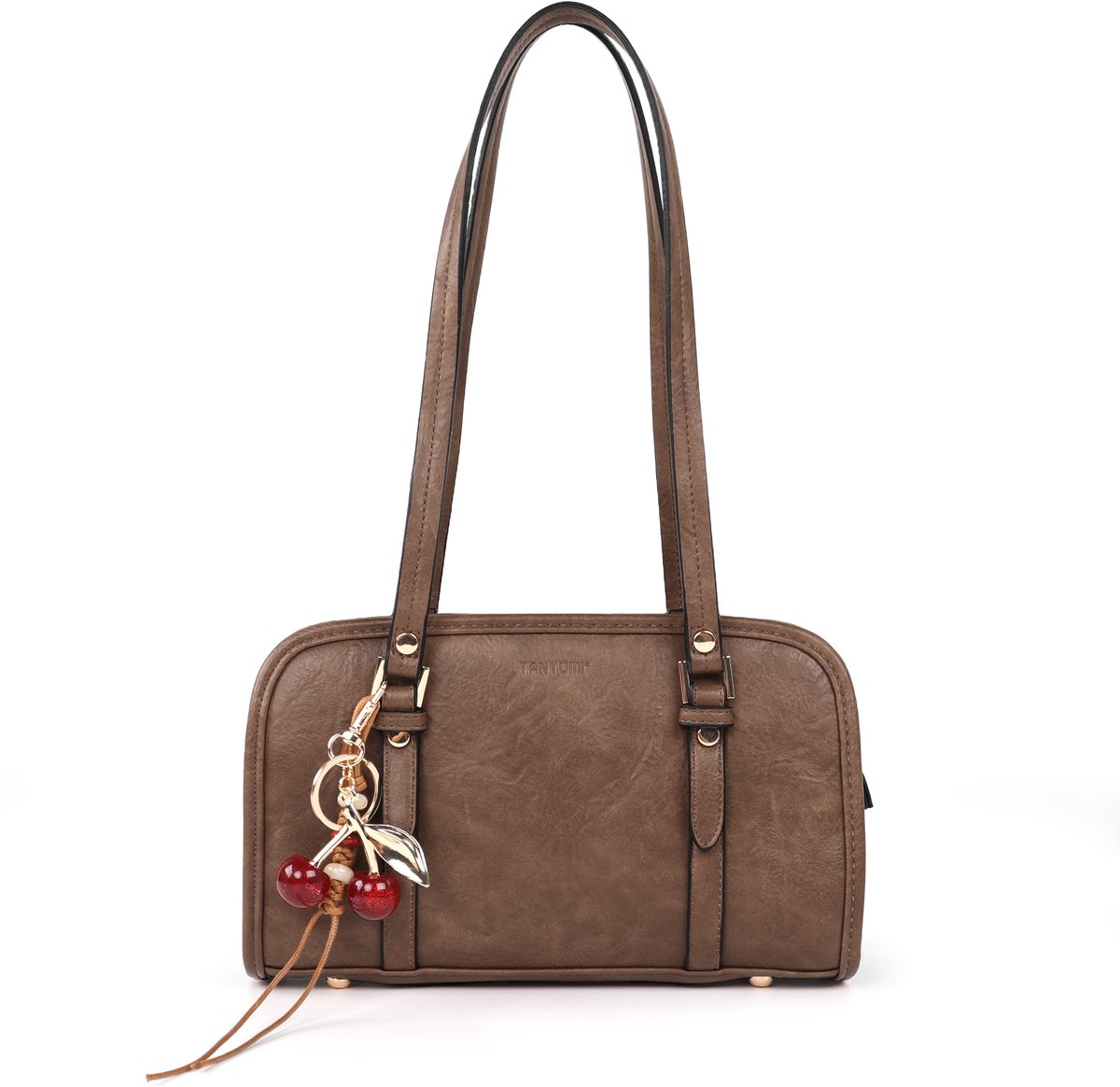 TANTOMI - Dames Handtassen - Elegante schoudertas - met kersenhanger - Handtas Dames klein - Boston tas - voor afspraakjes, dagelijks gebruik en winkelen - Donkerbruin