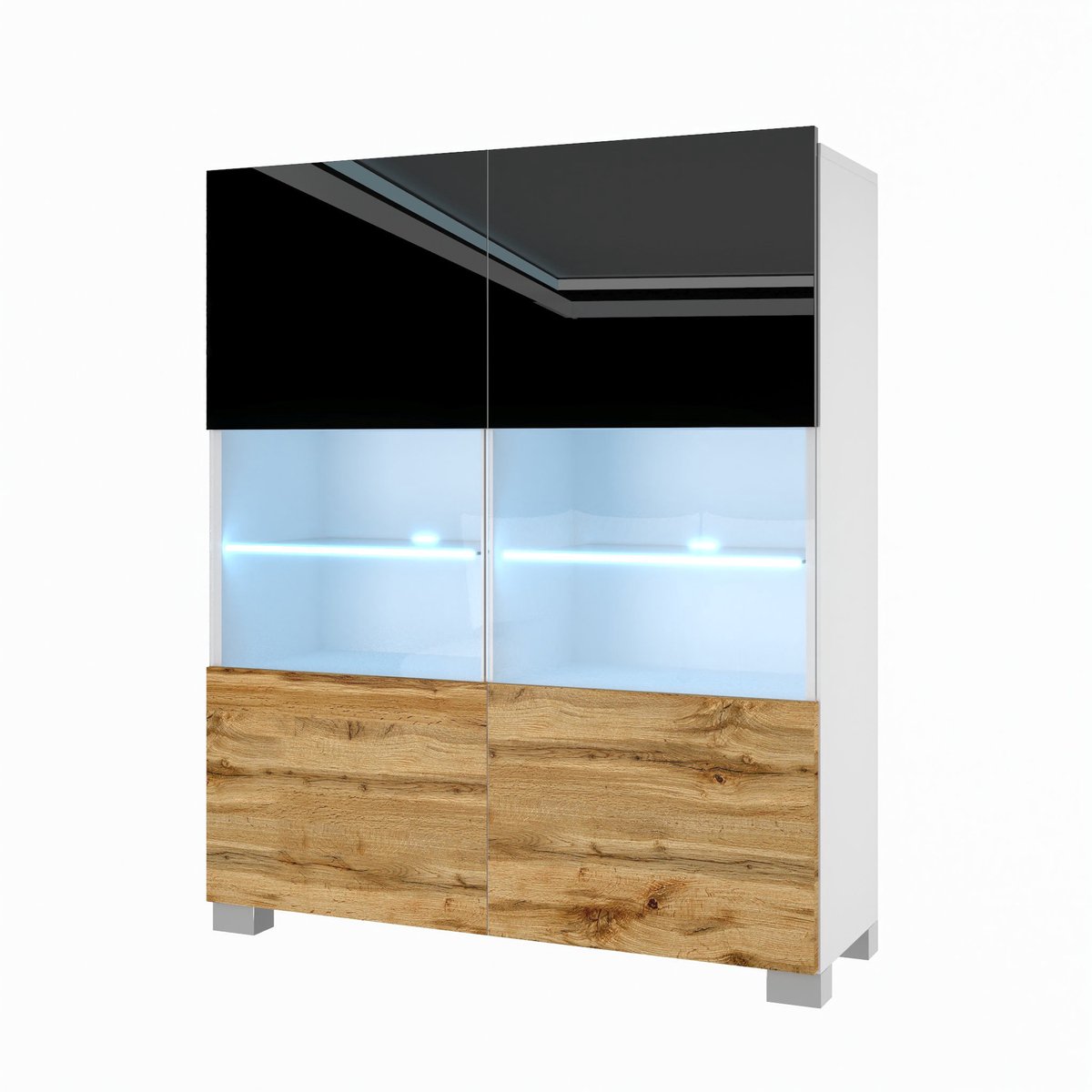 BELINI Vitrinekast met LED-verlichting - Hoge Kast Zwart/Wotan Eiken - Greeploos Woonkamermeubel met Zacht Sluitend Systeem - Modulair Design