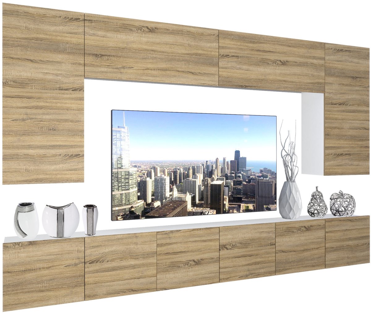 BELINI Wandmeubel NEX 2 - TV-Wandkast Set met LED-Verlichting Sonoma Eiken - Hoogglans Fronten