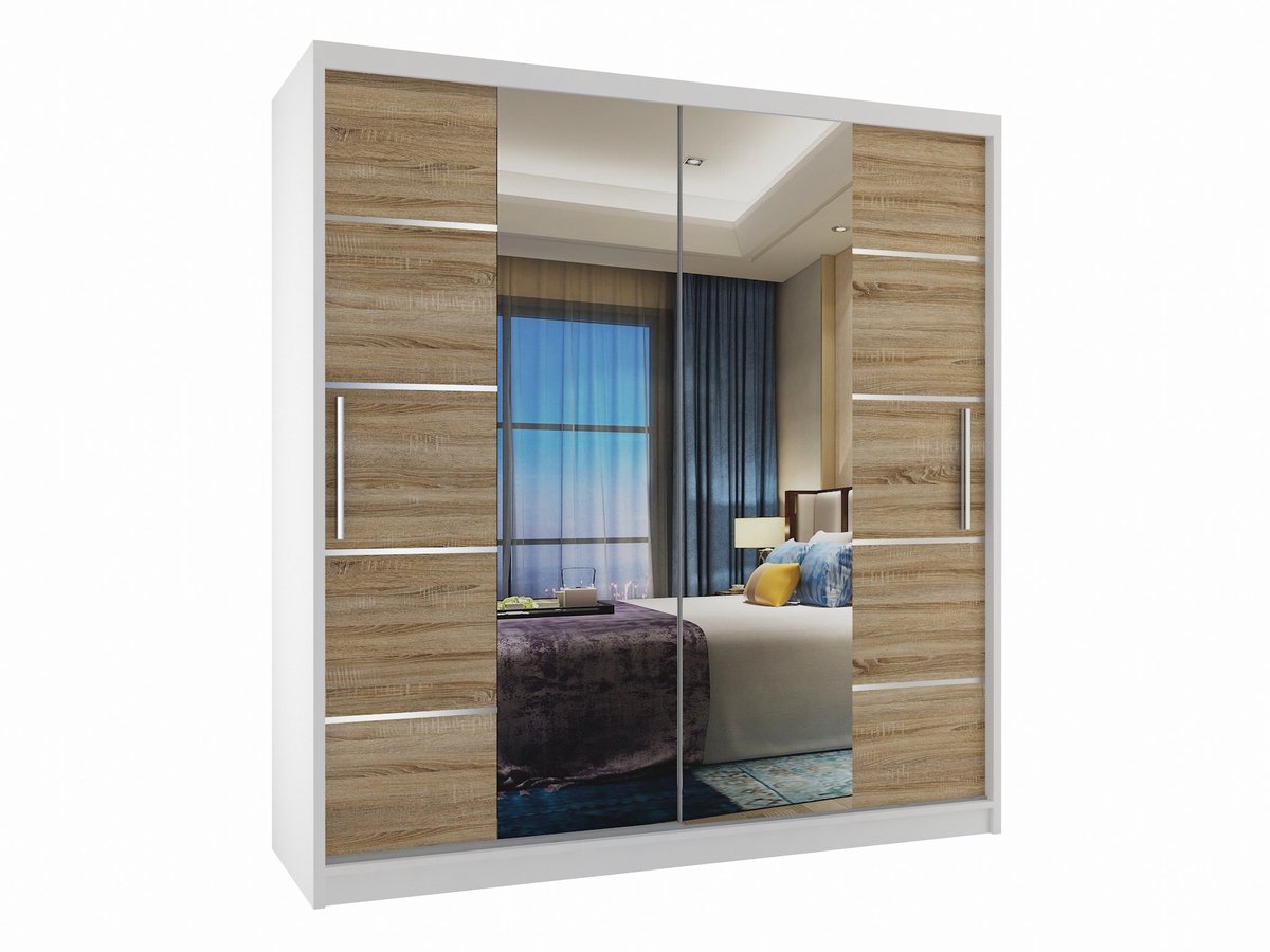 BELINI Verona ME Schuifdeurkast 158 cm Wit/Sonoma Eiken Mat - Kledingkast met Spiegel - Comfort Line Slaapkamerkast