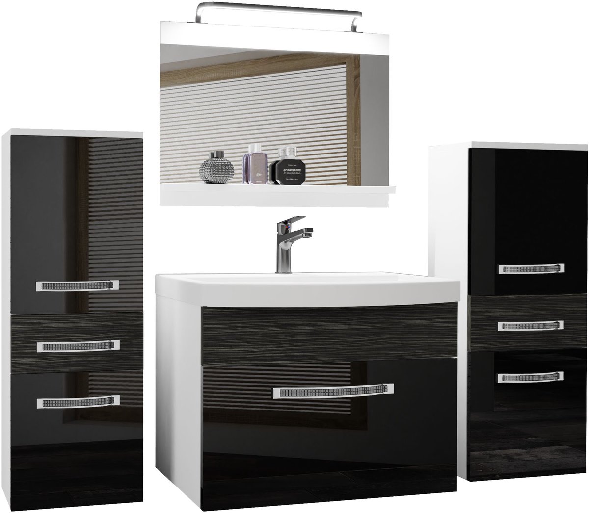BELINI Badkamermeubel Set GLA PM 4 - Badmeubelset 140 cm Zwart Ebbenhout Hoogglans Mat met Wastafel, Spiegel en LED Lamp - Wandmontage