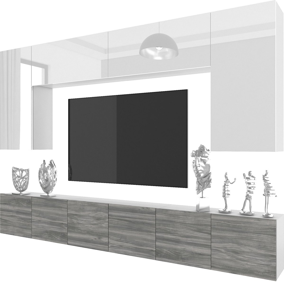 BELINI Wandmeubel Milano 2 300 cm Wit Hoogglans/Grijs Mat - TV-Wand Greeploos - Moderne Woonwand met Gasliftsysteem - Modulair TV-Meubel