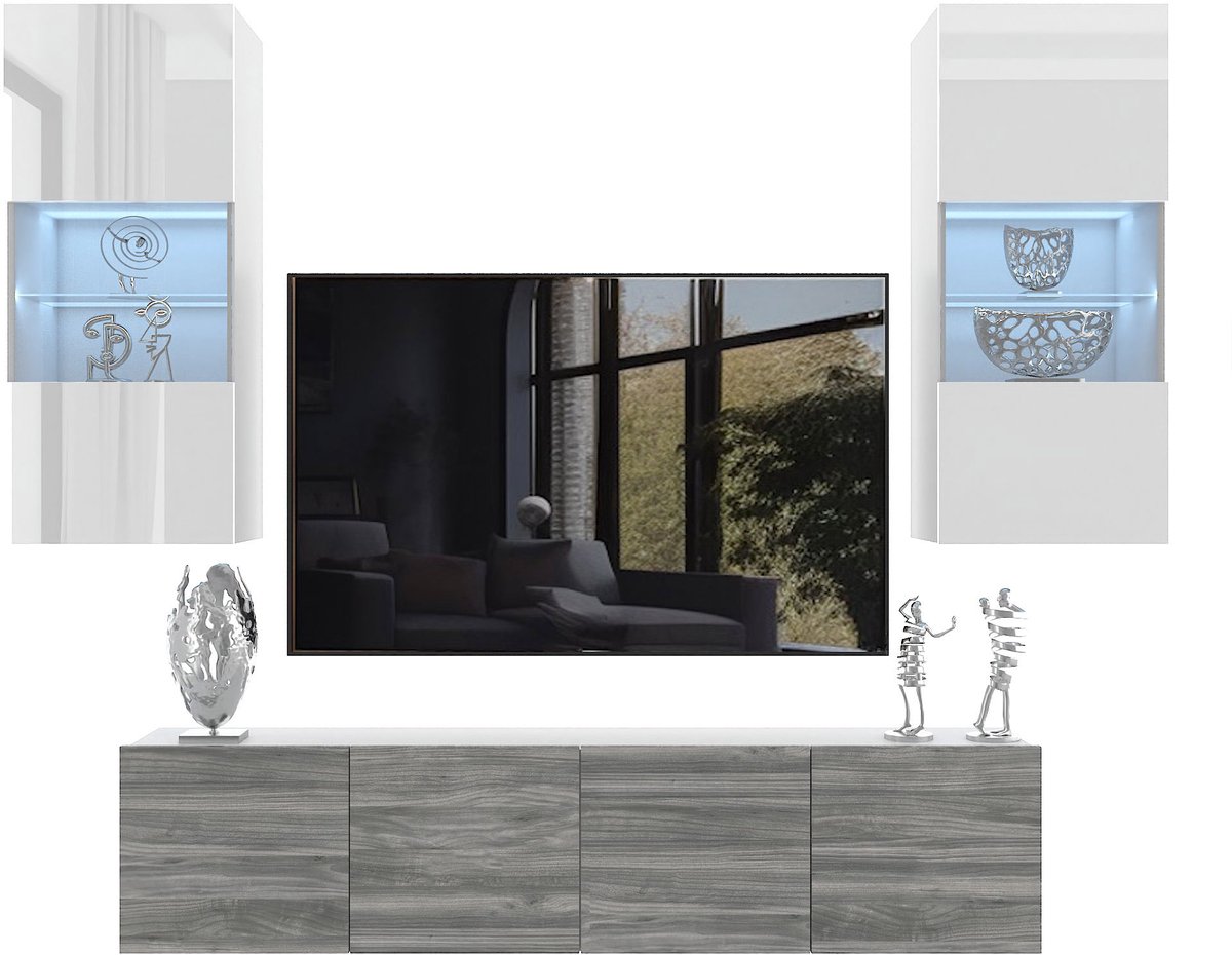 BELINI Wandmeubel Milano 7 200 cm Wit Hoogglans/Grijs Mat - TV-Wand Greeploos - Moderne Woonwand met Gasliftsysteem - Modulair TV-Meubel