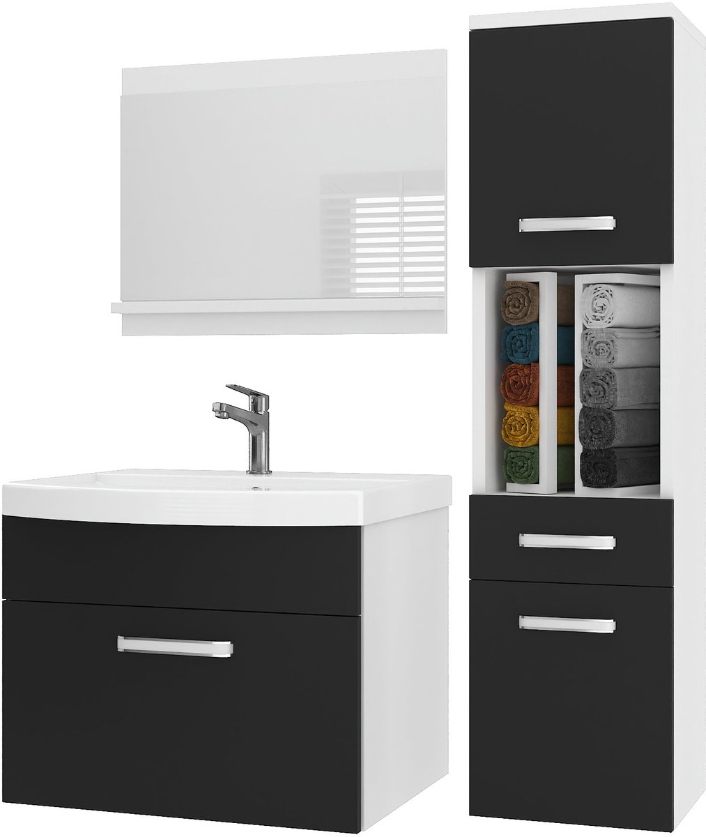 BELINI Badkamermeubel Set PRI M3 - Badmeubelset 90 cm Zwart Mat met Wastafel en Spiegel - Wandmontage