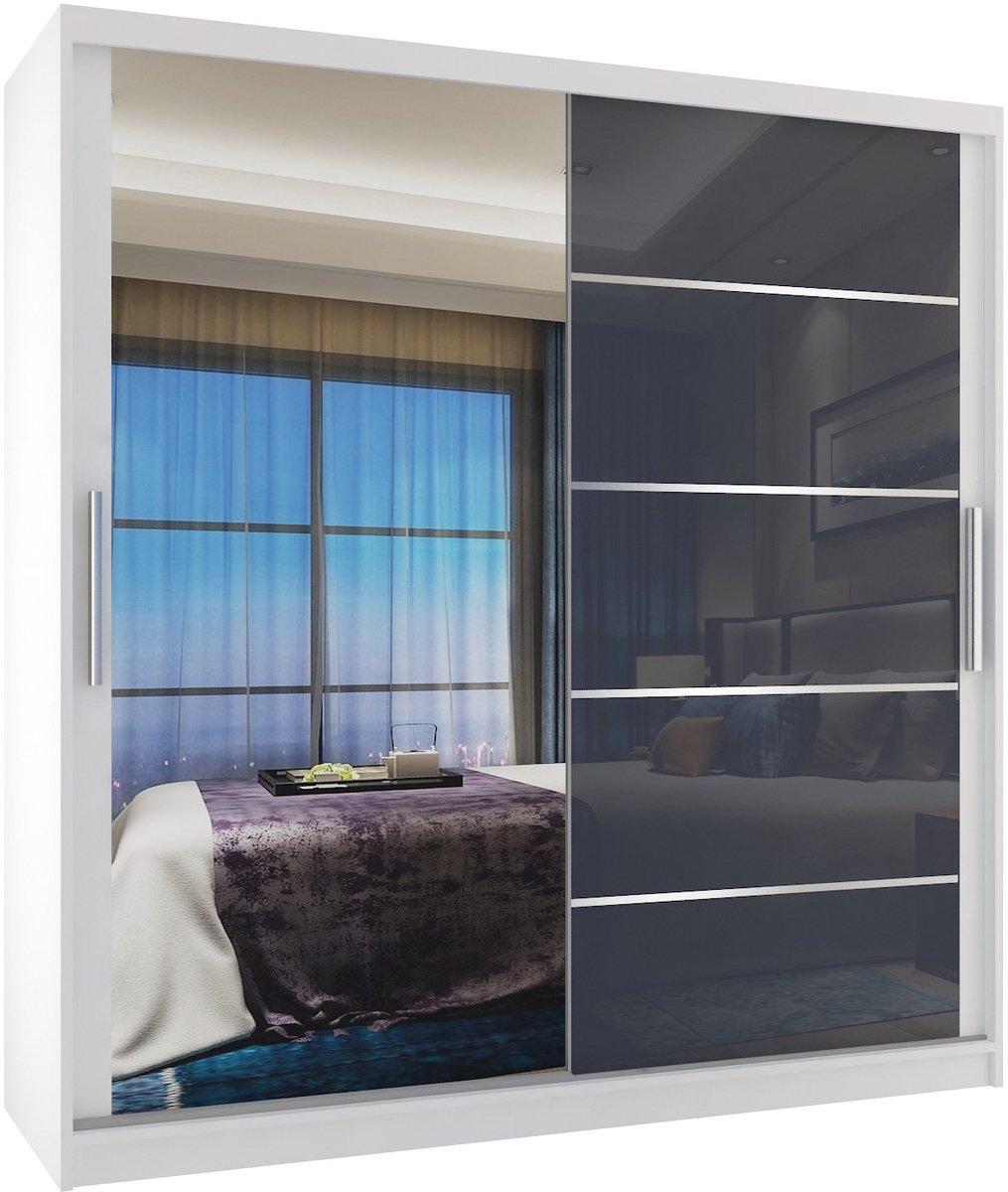 BELINI Verona MGB Schuifdeurkast 158 cm Wit/Grijs Hoogglans - Kledingkast met Spiegel - Comfort Line Hoogglans