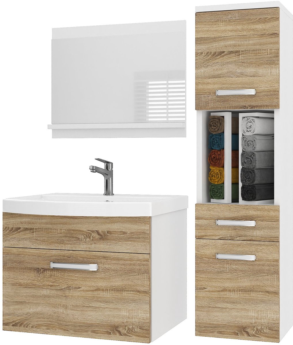BELINI Badkamermeubel Set PRI M3 - Badmeubelset 90 cm Sonoma Eiken Mat met Wastafel en Spiegel - Wandmontage