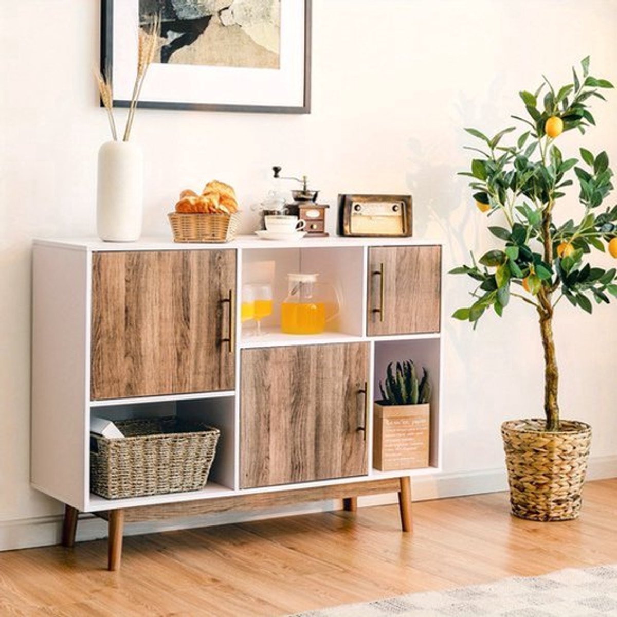 Opbergkast – Buffetkast – Dressoir – Tv-Meubel – Opbergmeubel – Wit Met Bruine Accenten – 