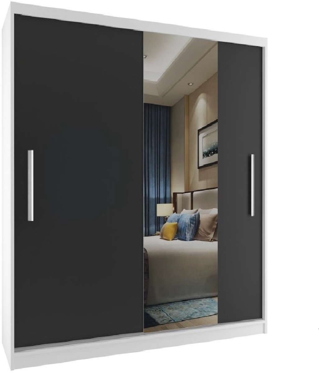 BELINI Verona MSE Schuifdeurkast 158 cm Wit/Zwart Mat - Kledingkast met Spiegel - Comfort Line Slaapkamerkast