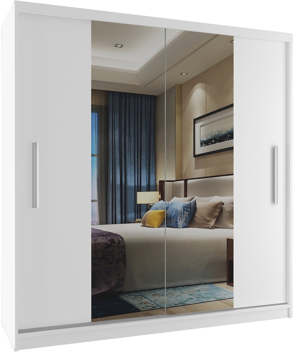 BELINI Verona ME Schuifdeurkast 158 cm Wit Mat - Kledingkast met Spiegel - Comfort Line Slaapkamerkast