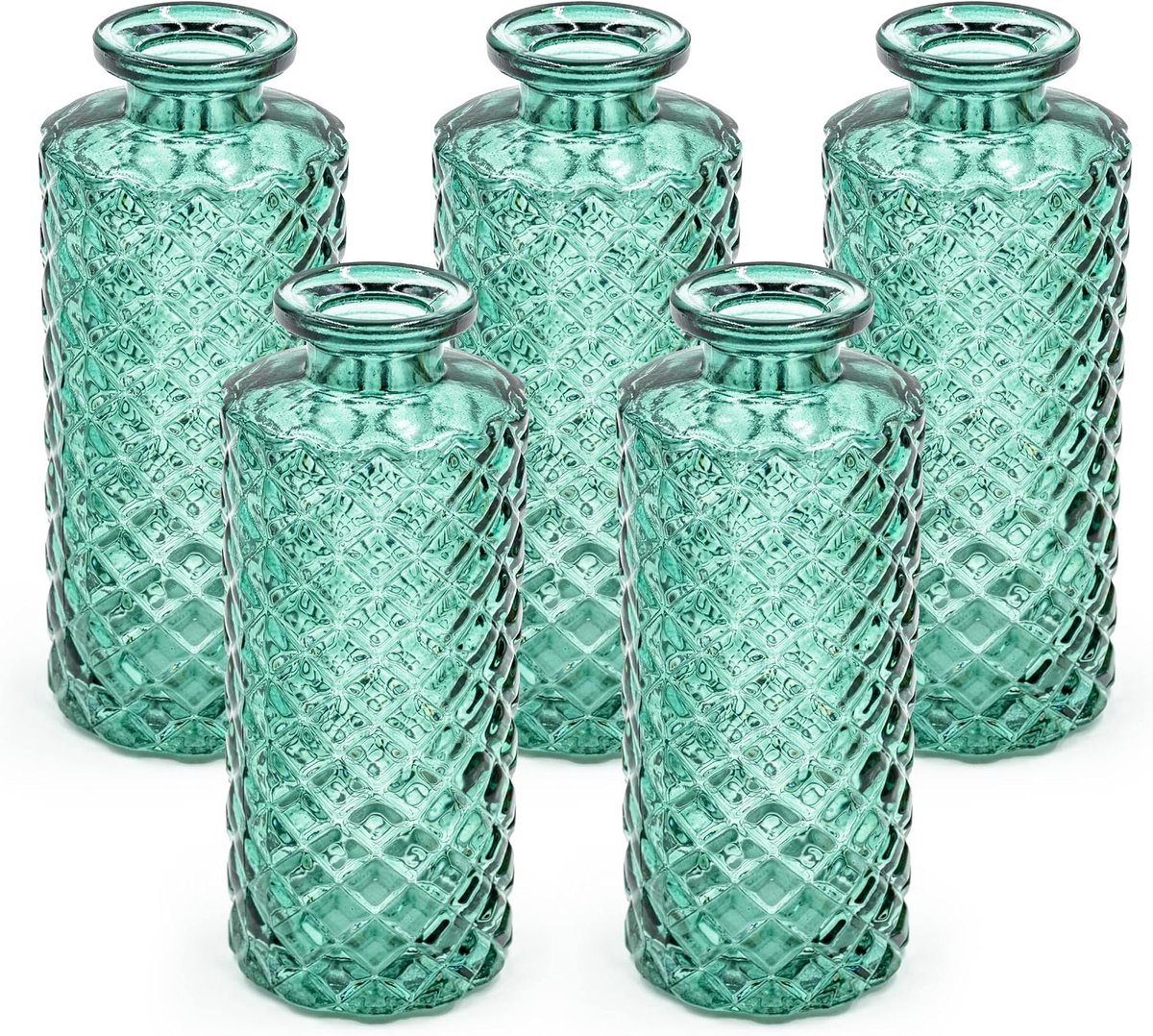 SnelShoppen - 5-delige set kleine glazen vazen - Moderne decoratie voor bruiloft - Groene vaas voor droogbloemen - Luxe planten decoratie voor lente e