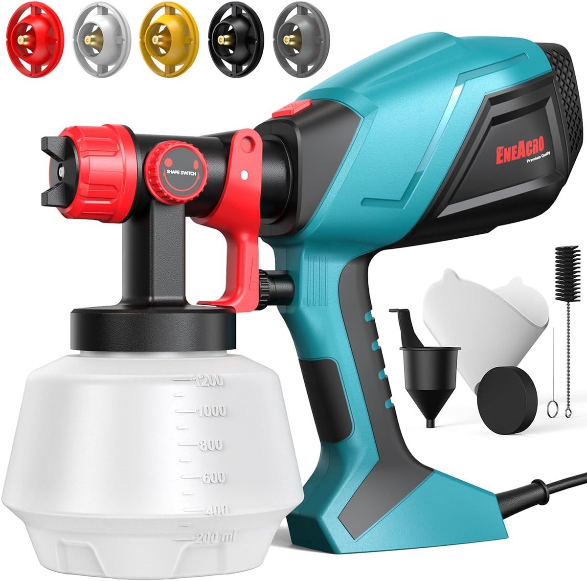 SnelShoppen - ENEACRO HVLP Verfspuitsysteem 700 W met 1200 ml Reservoir, 5 Messing Sproeikoppen 1-3 mm, Verstelbare Stroomsnelheid en Sproeihoek, 360