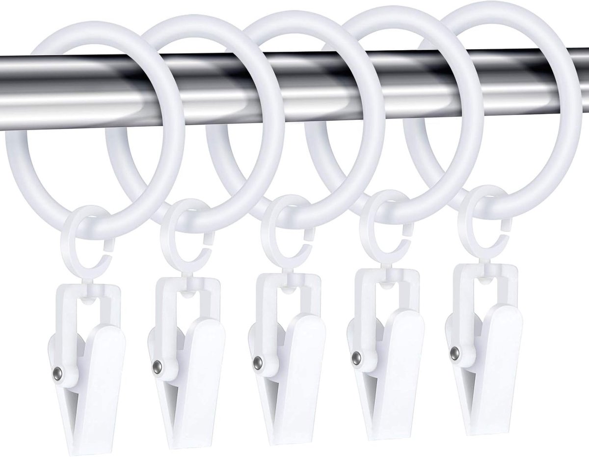 30 Stuks Gordijnringen met 30 Stuks Gordijnclips - Plastic Ringen voor Douchegordijnen en Decoratieve Gordijnen - 30mm (Wit)