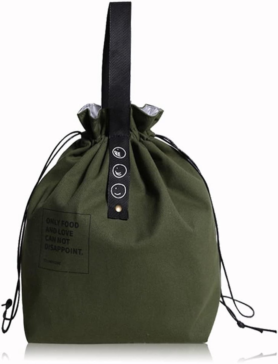 Canvas Geïsoleerde Lunchtas met Trekkoordsluiting, Vouwbare en Lichtgewicht Koeltas voor Werk, Kantoor en Picknick, Groene Kleur