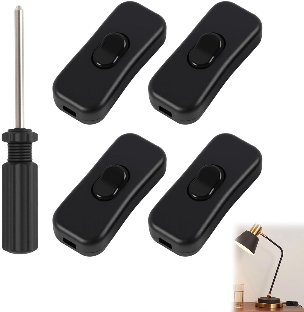 Tussenschakelaar voor lampen en kleine apparaten, 250 V, 2 A, snoerschakelaar voor 2- en 3-aderige kabels, zwart en compact