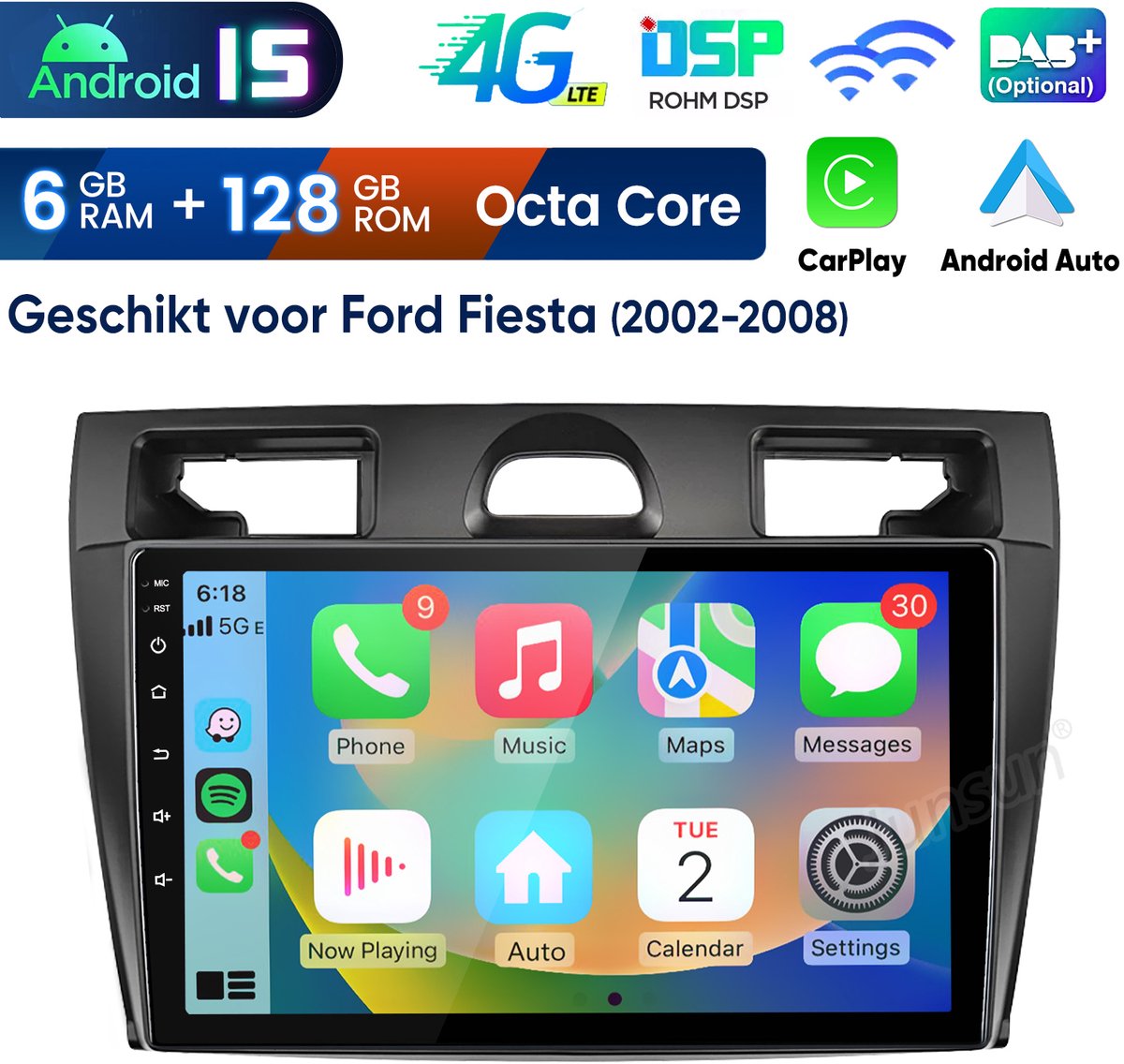 Junsun Android 15 Autoradio Geschikt Voor Ford Fiesta 2002-2008 - 6GB+128GB - Draadloze CarPlay & Andriod Auto - Bluetooth - GPS Navigatiesytem - 9-inch HD Touchscreen - WIFI & 4g lte - FM - RDS - Octa-core processor