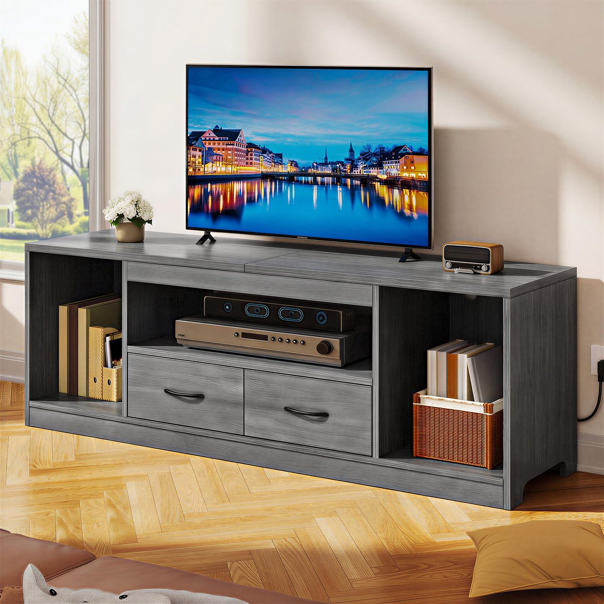 SnelShoppen - TV-meubel 148 cm voor TV's tot 65 inch met 2 deuren, 3 niveaus verstelbare planken, grijs, ideaal voor woonkamer en slaapkamer