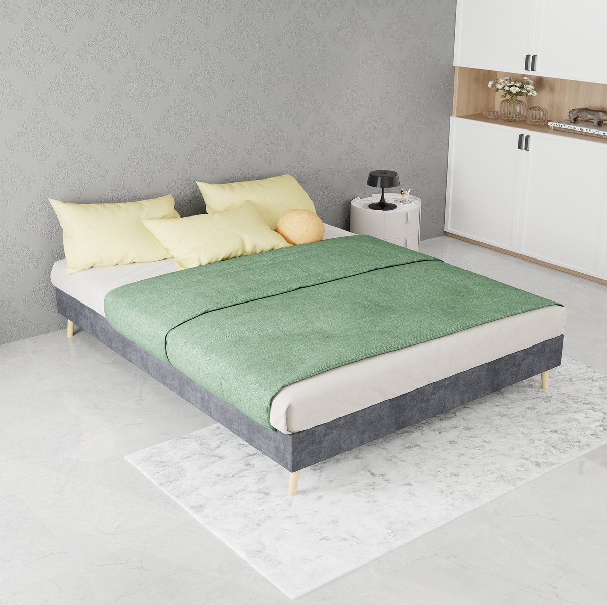 DESMIU Bed 140x200 cm – Gestoffeerd Bedframe Met Lattenbodem – Laag Model – Zonder Opbergruimte – Voor Volwassenen Slaapkamer – Stof En Metaal – Grijs – Zonder Matras