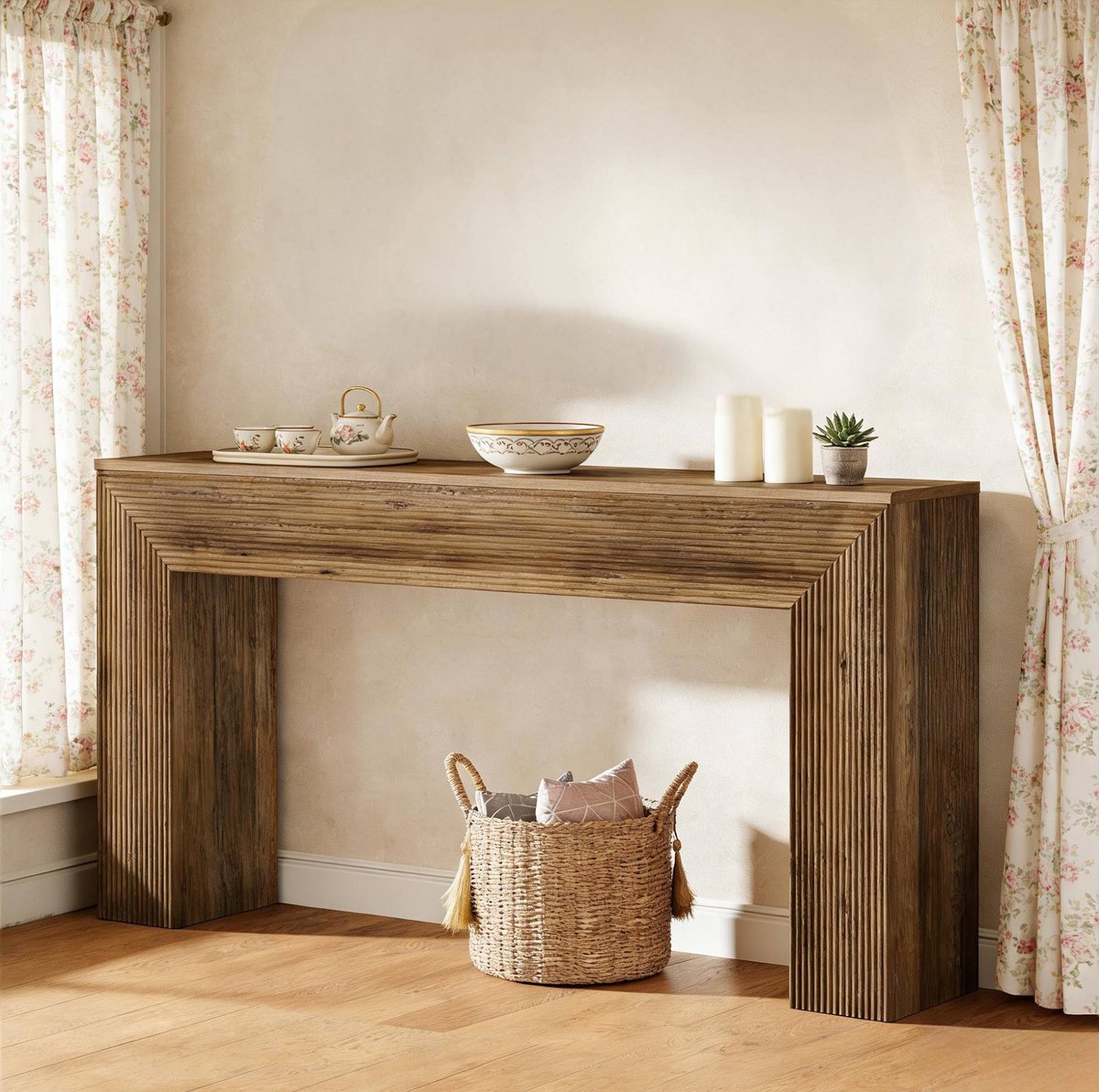 REDOM - Konsolentisch - Rustikale houtnerf met geribbelde elementen - MDF constructie - Landelijke stijl - Hal of entree - Bruin - 160 x 30 x 85 cm