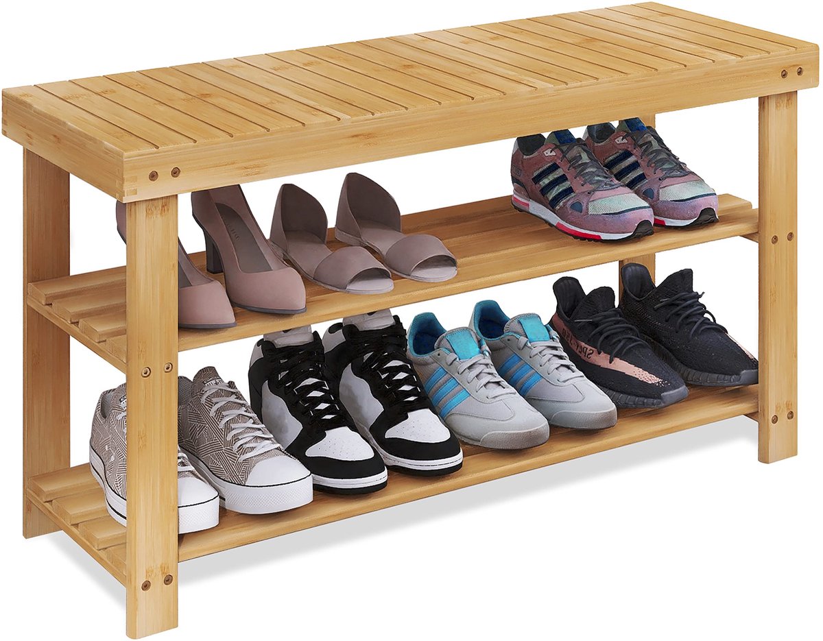 SnelShoppen - Bamboe Schoenenrek Bank 3-Tier Schoen Organizer Opbergplank voor Hal, Badkamer en Woonkamer - Natuurlijk Hout, Ruimtebesparend en Stijlv