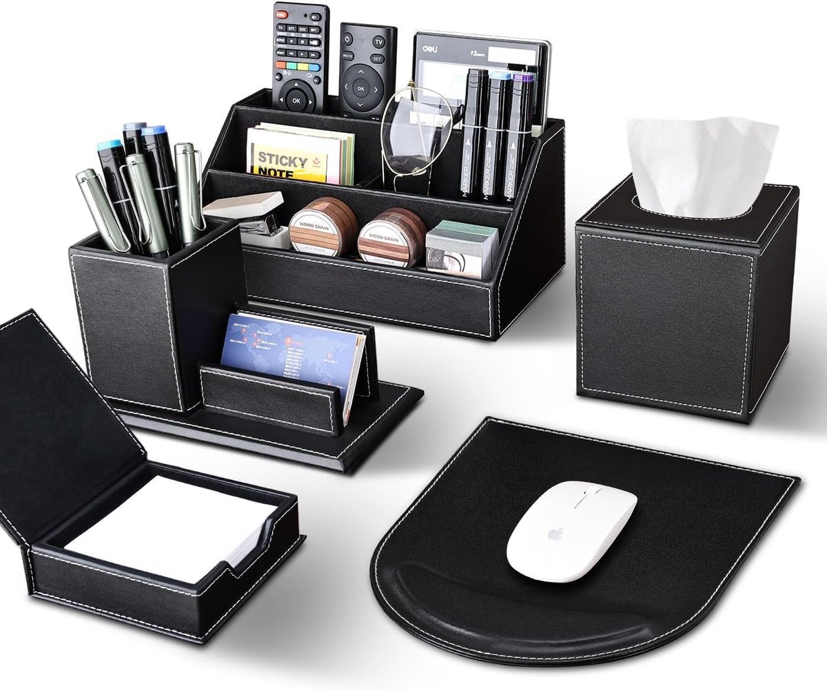 SnelShoppen - Kantooraccessoireset 5 stuks - Zwarte PU-lederen bureauset met bureau-organizer, muismat, pennenhouder, visitekaarthouder en notitieblaa