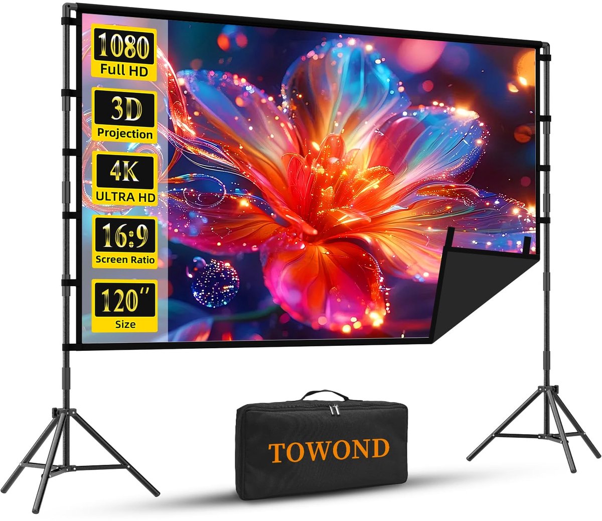 SnelShoppen - Buitenprojectiescherm 120 inch Draagbaar Projectiescherm met Standaard 16:9 Kreukvrij 4K HD Zwart voor Tuin Filmavond, Camping en Feest